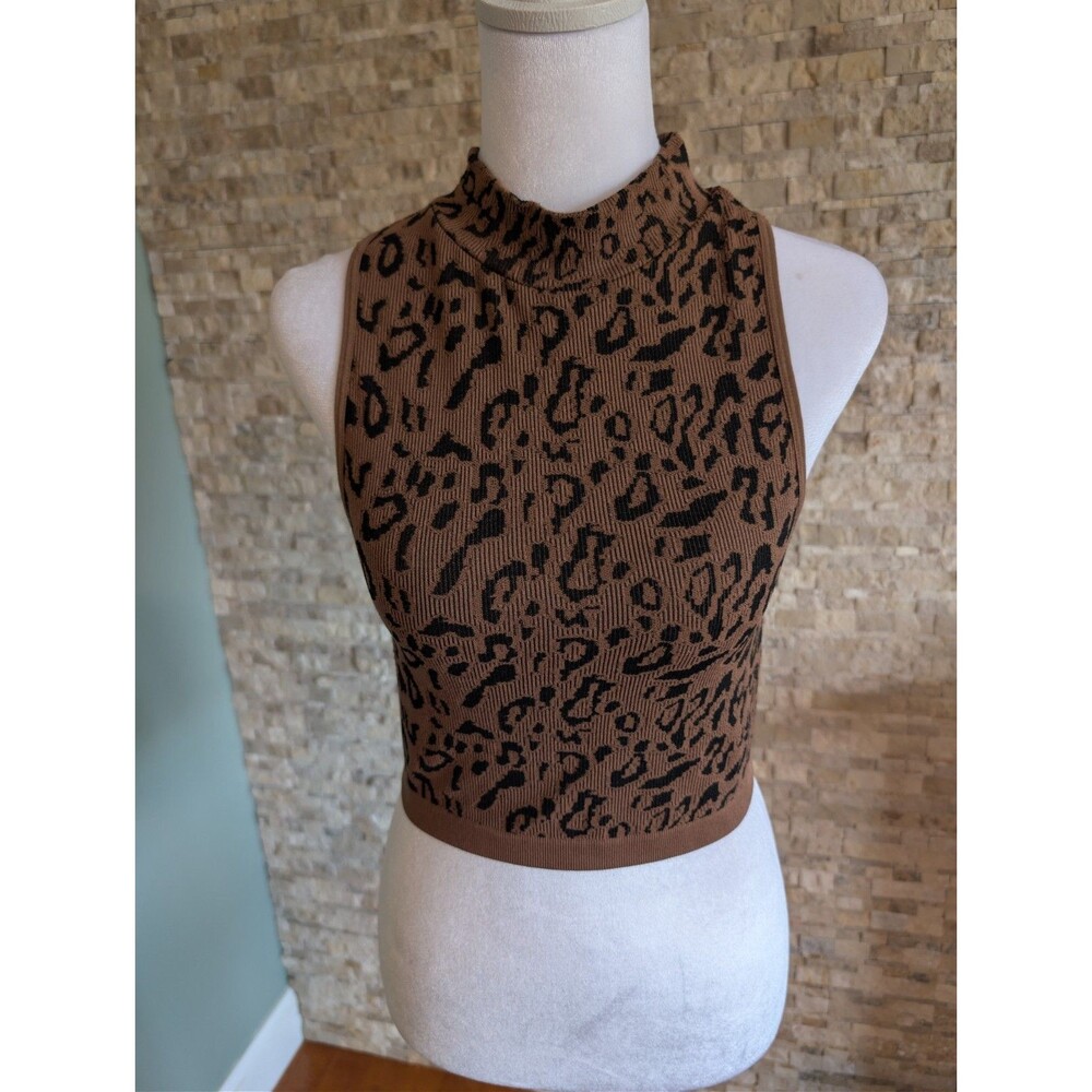 Leopard Print Knit Bozzolo Tank Top High Neck Cropped Sleeveless Espresso Brown